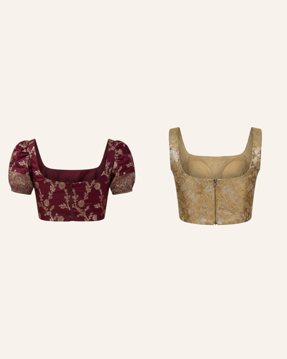 Set of 2 Gold and burgundy Banarasi Brocade Corset Tops