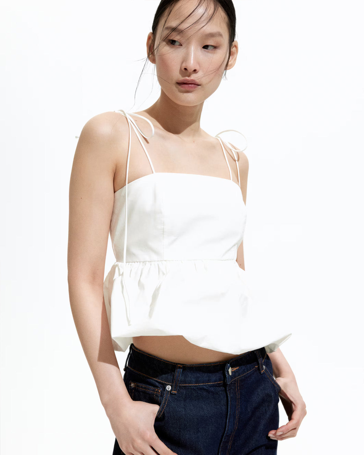 topwear,tops,casual, vacation, outdoor events,bold, glam, minimal, summer,woven,cotton,white,solid,pleated,skinny fit,balloon top,waist length,bubble hem,off shoulder,sleeveless, OY1917, 25060022GG