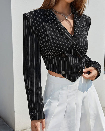 pinstripes-cropped-blazer-black-oy1018,24110011GG52,outer wear,blazer,formal, semi-formal,minimal,woven,poly cotton,black,pinstripes,button,tailored fit,cropped blazer,regular,curved,notch collar,long sleeves,Color: Black
Fabric: Poly Cotton
Fit: Tailored Fit
Neck: Notch Collar
Closure: Button
Hem: Curved Hem
Print: Pinstripes,PINSTRIPES CROPPED BLAZER