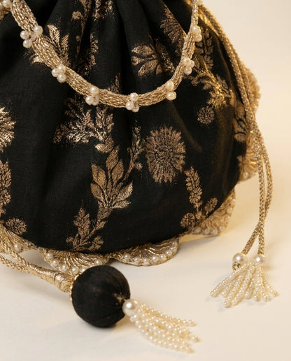 Black Brocade Potli Bag with Gold Tassel