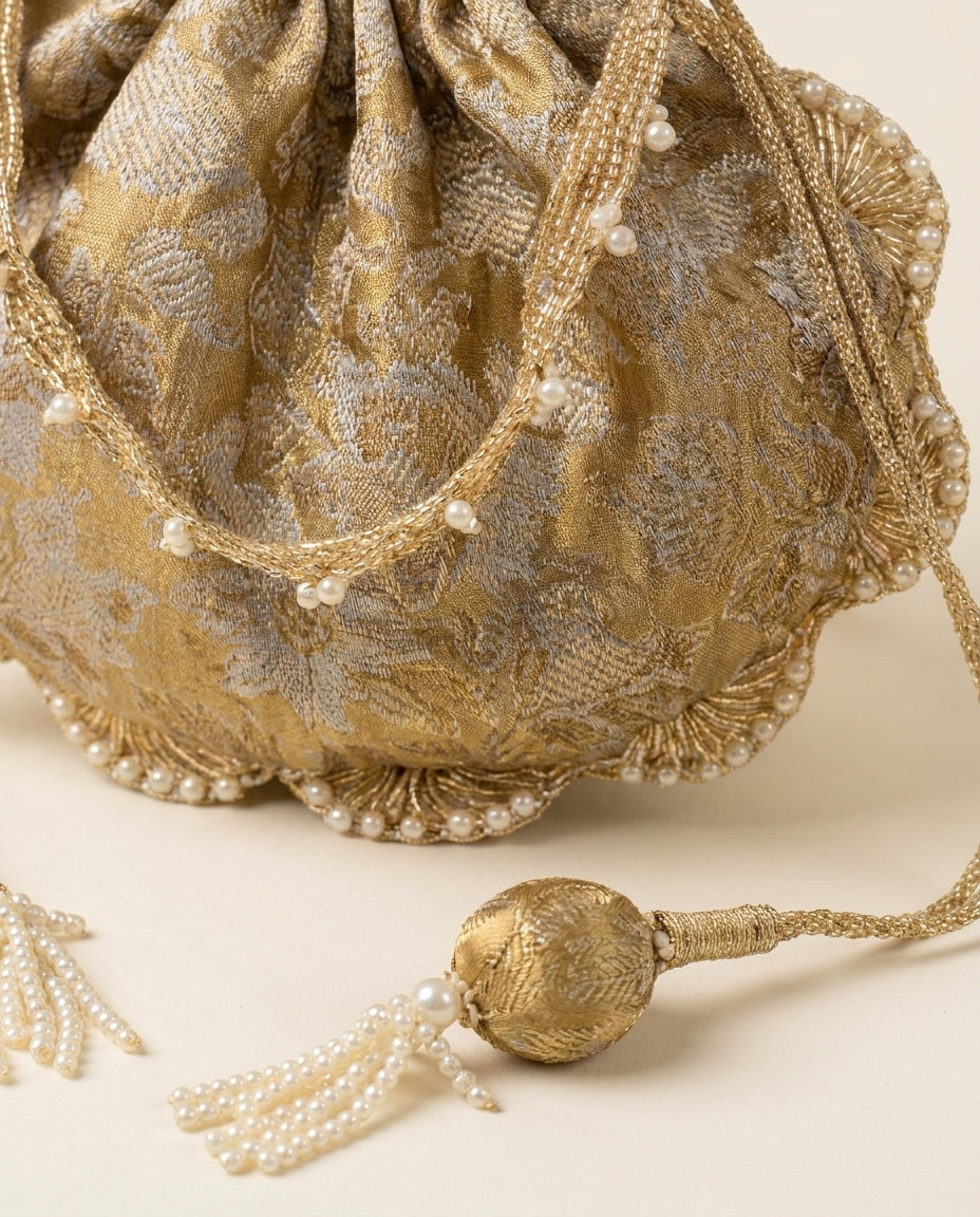 Gold Brocade Potli Bag with Gold Tassel