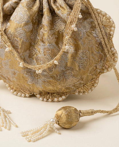 Gold Brocade Potli Bag with Gold Tassel