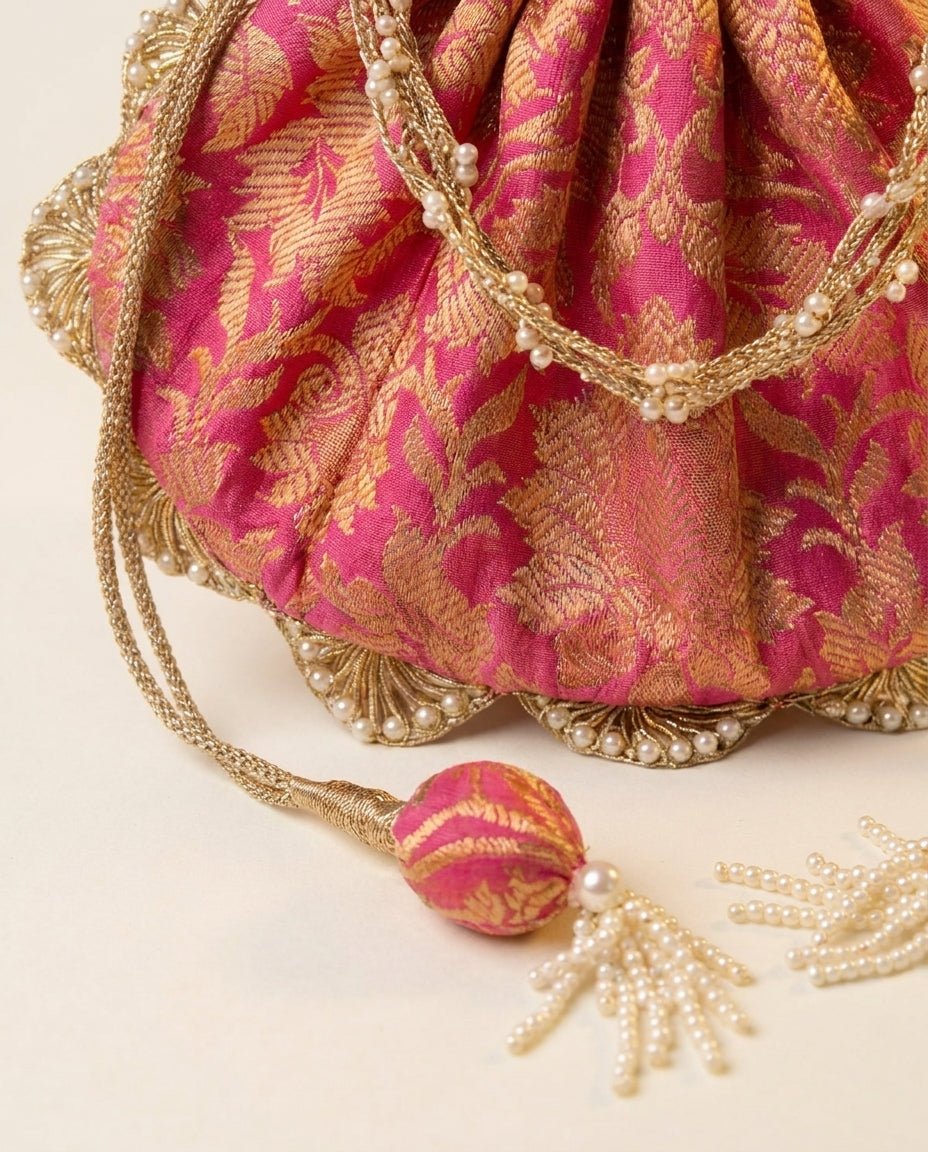 Pink Brocade Potli Bag with Gold Tassel