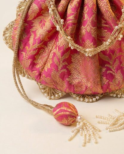 Pink Brocade Potli Bag with Gold Tassel