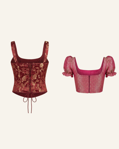 Set of 2 Red Wine and Fuschia Pink Banarasi Brocade Corset Tops