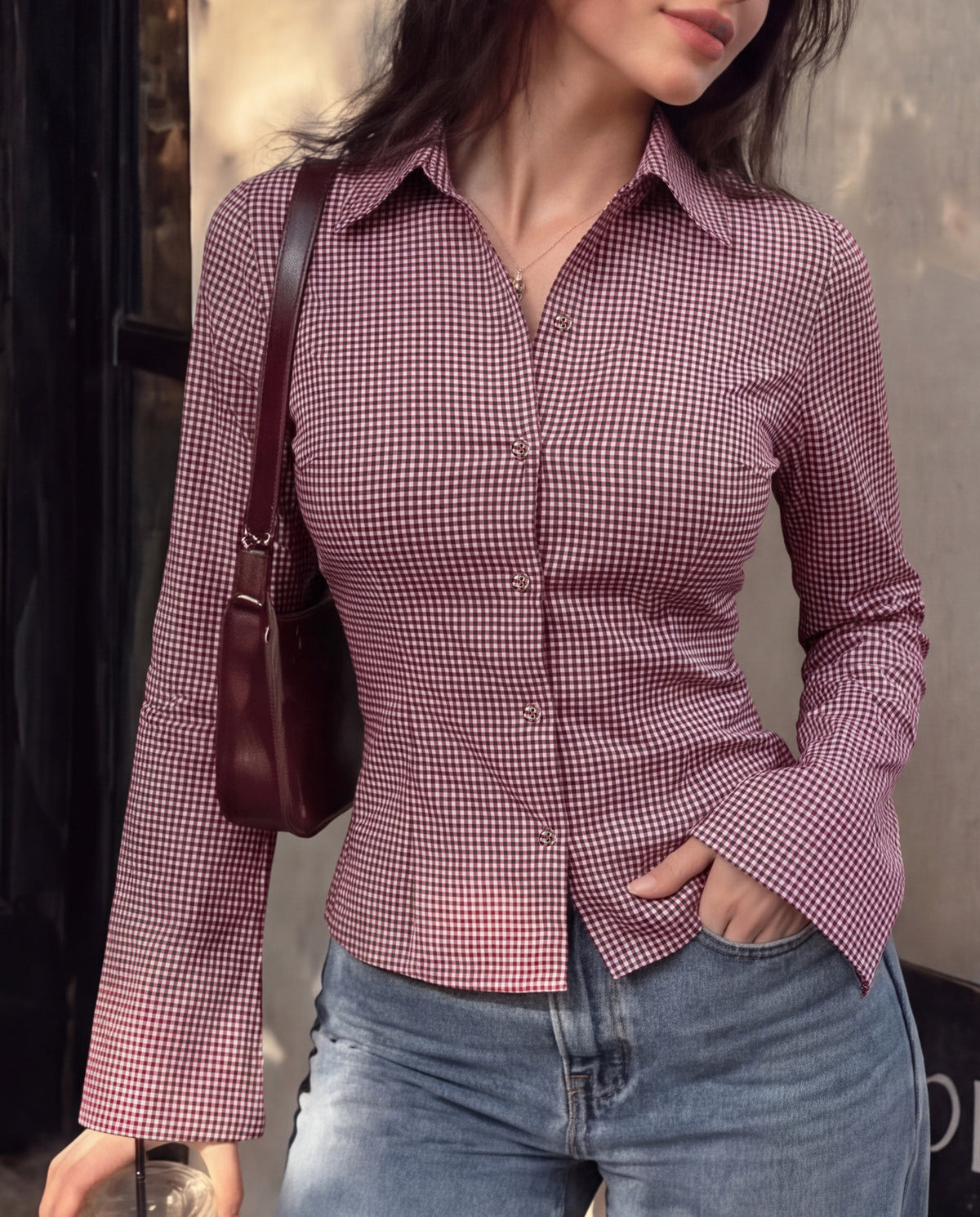 Burgundy Gingham Check Flared Sleeve Fitted Shirt