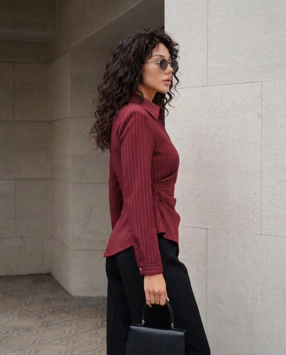 Pinstripe Asymmetric Hem Shirt-Red