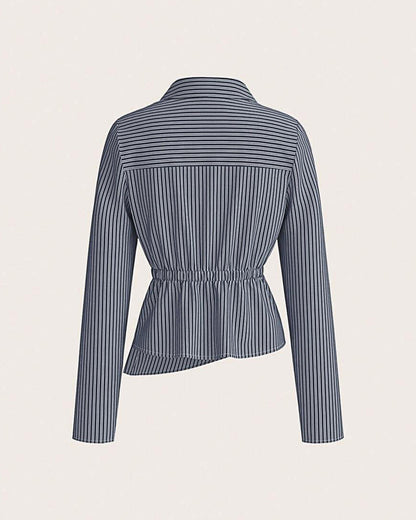 topwear,shirts,casual, casual chic, semi-formal,gen z, millenial, minimal, summer,woven,crepe,dark blue,stripes,contrast,button,regular fit,shirt,regular length,asymmetric hem,collared,set in sleeves,long sleeves	OY2136, 25090027GG