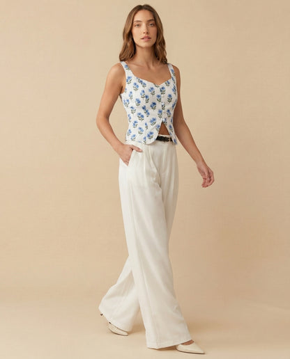 Printed Floral Corset Top With Pleated Korean Pants (Belt Included)