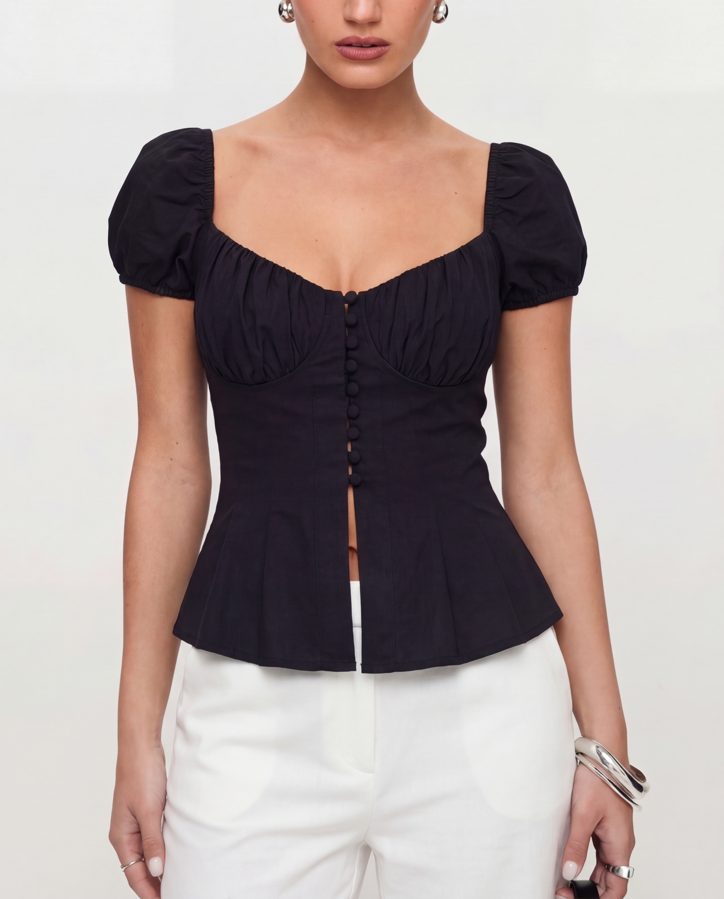 Ruched Bustier Pleated Hem Top In Black