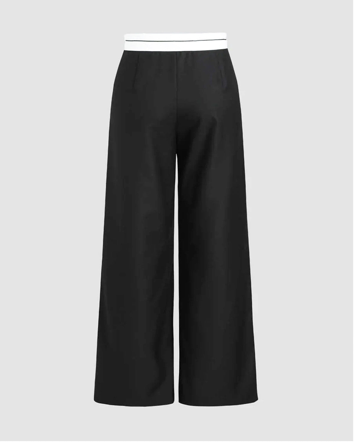 bottomwear,trousers,semi-formal,workwear,stretchable,polyester, spandex,black,relaxed fit,wide leg,full length,high rise,Color: Black
Fabric: 95% poly 5% spandex
Fit: Straight Fit 
Length: Full Length(40")
Waist: High Rise 
Closure: Zip & Hook
No. of Pockets: 2
Print: Solid
Detail: Color block waistband to elevate the waist.,COLOR BLOCK PLEATED TROUSERS