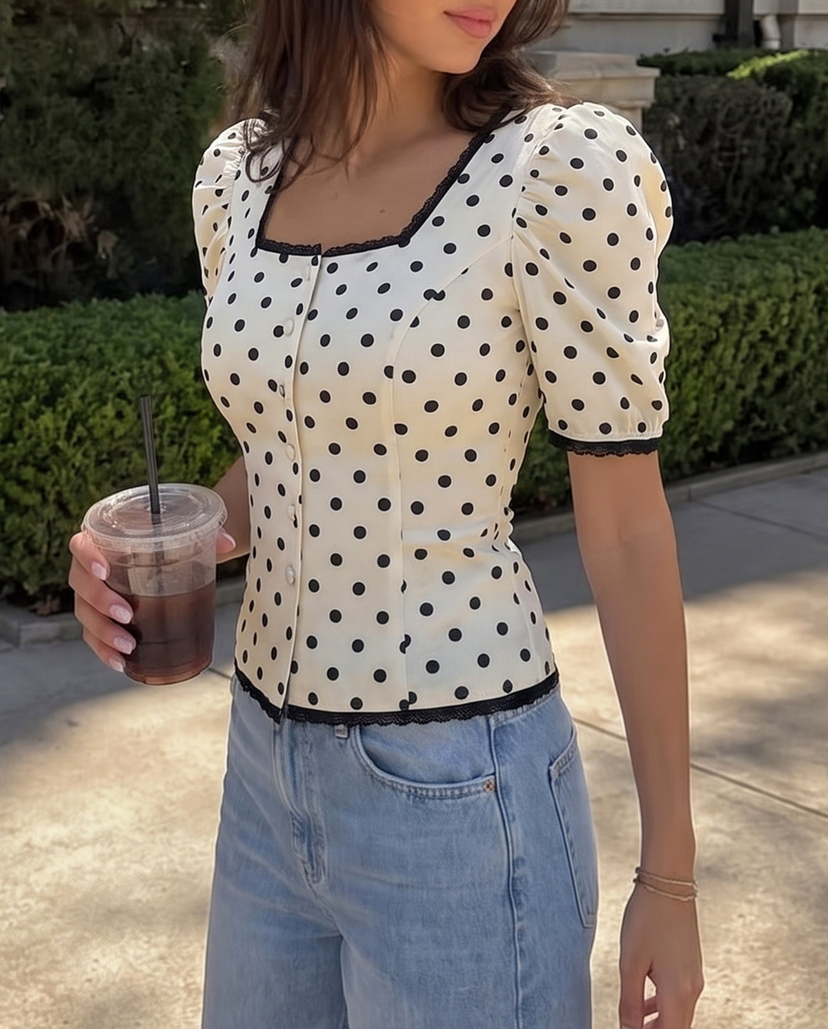 offwhite polka dot Lace-Trim Top