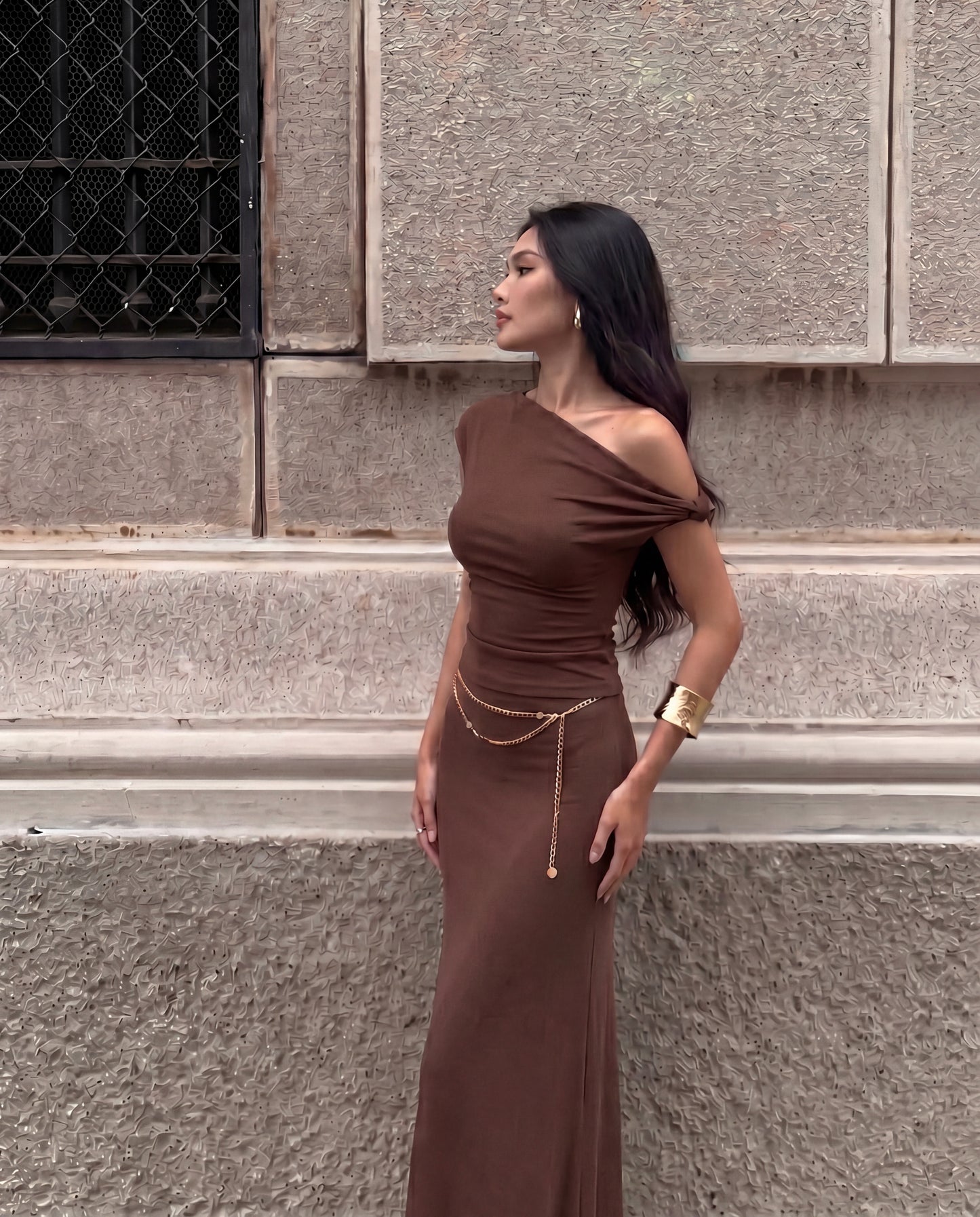 Brown Fitted Knot Shoulder Top & Skirt Set
