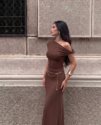 Brown Fitted Knot Shoulder Top & Skirt Set