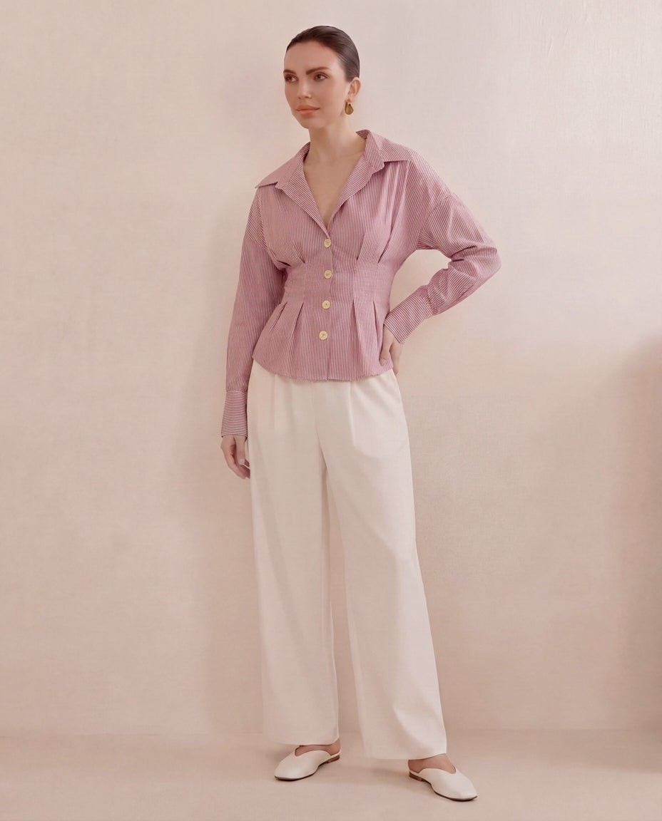 Burgundy Stripe Shirt With Cinched Waist