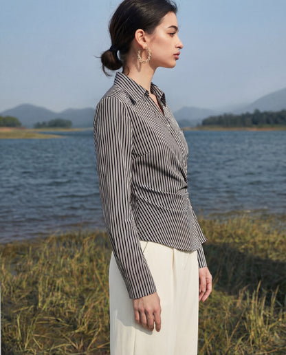 Black pinstripe shirt for women's office wear with tailored fit and breathable fabric, effortless styling for full day comfort