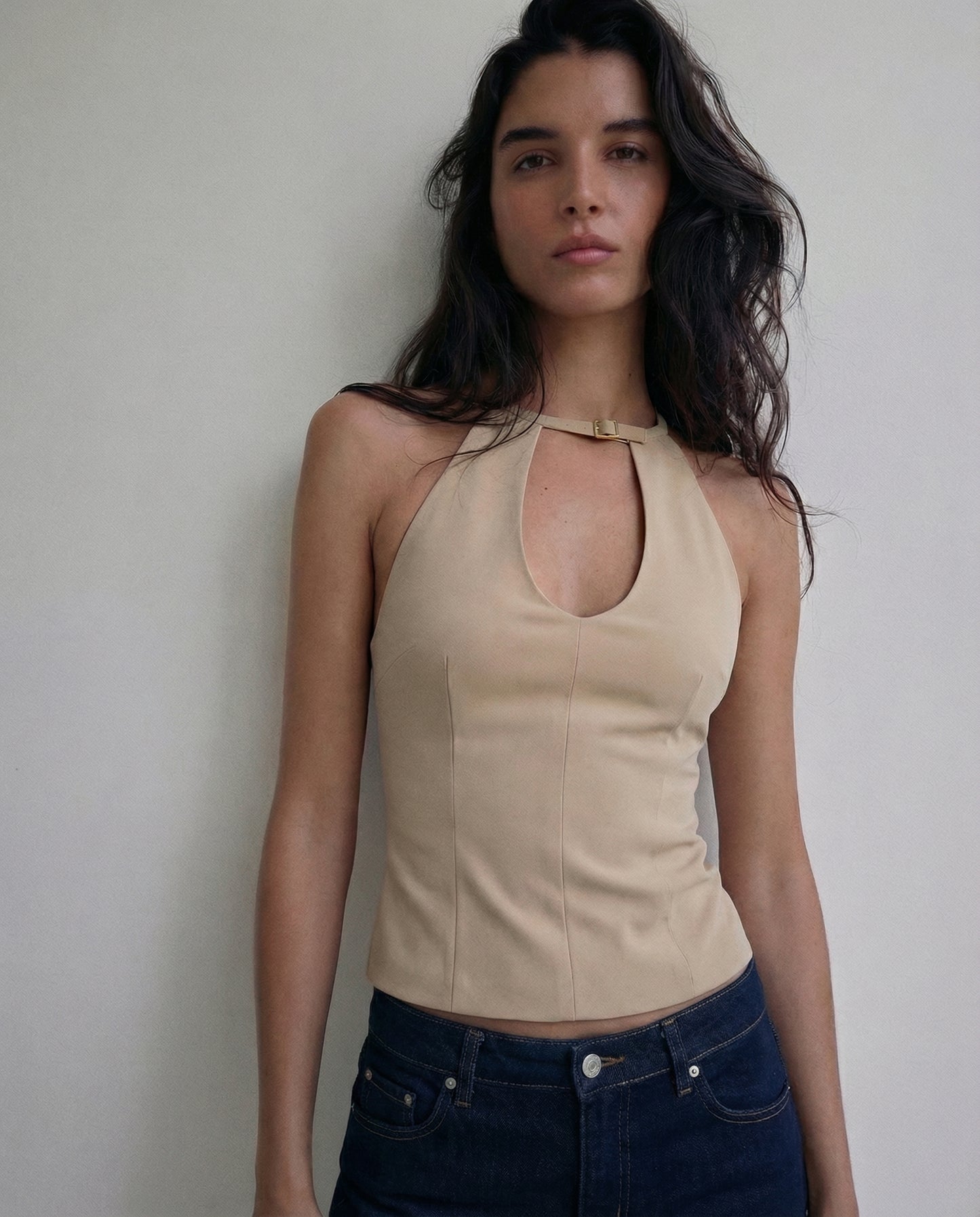 HALTER TOP,beige, belt, buckle, casual, cutout, elastane, fitted, halter neck, knitted, polyester, regular, sleeveless, stretchable, tailored fit, tops, topwear,halter-top-beige,Color- Beige
Fabric- Poly Spandex
Type- Fitted
Fit- Skinny Top
Length- Regular
Neck- Halter
Sleeves- Sleeveless
Trims- Buckle
Details- Cut Out Details with a tab on the chest