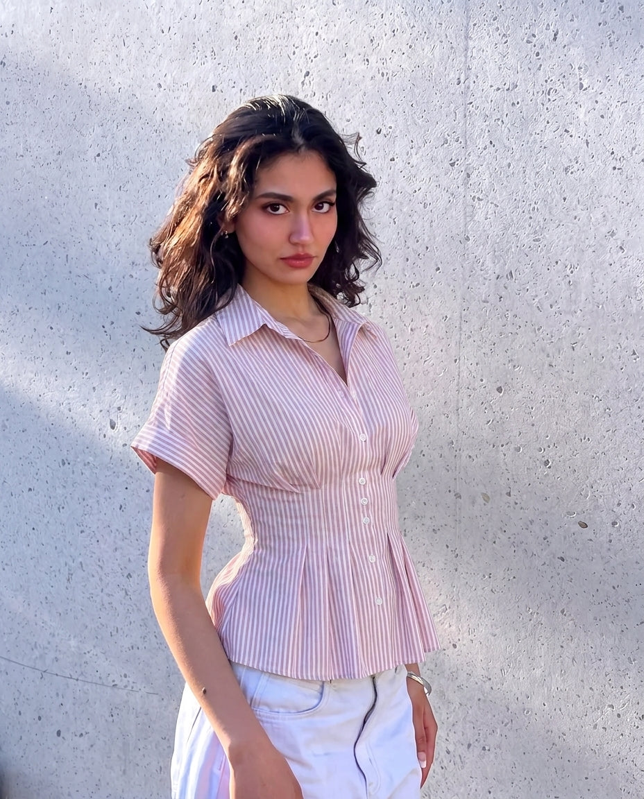 Pink Cinched Waist Striped Shirt