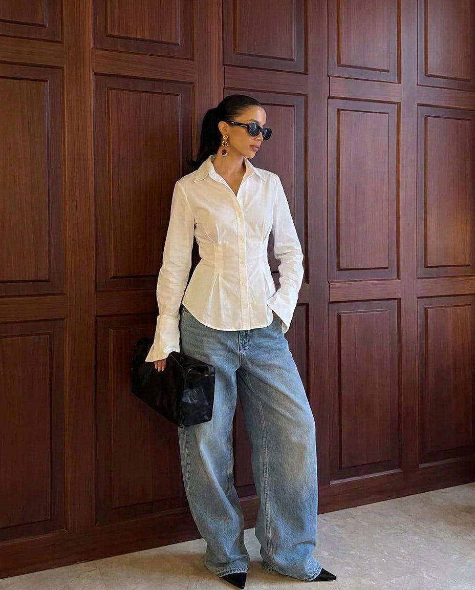 White Buttoned Flared Hem Shirt