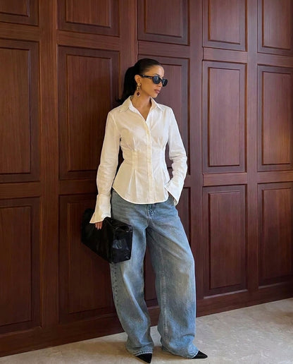 White Buttoned Flared Hem Shirt