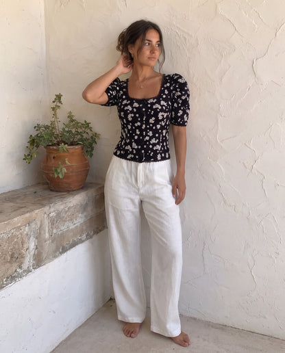 Black Florals Lace-Trim Fitted Button-Up Top
