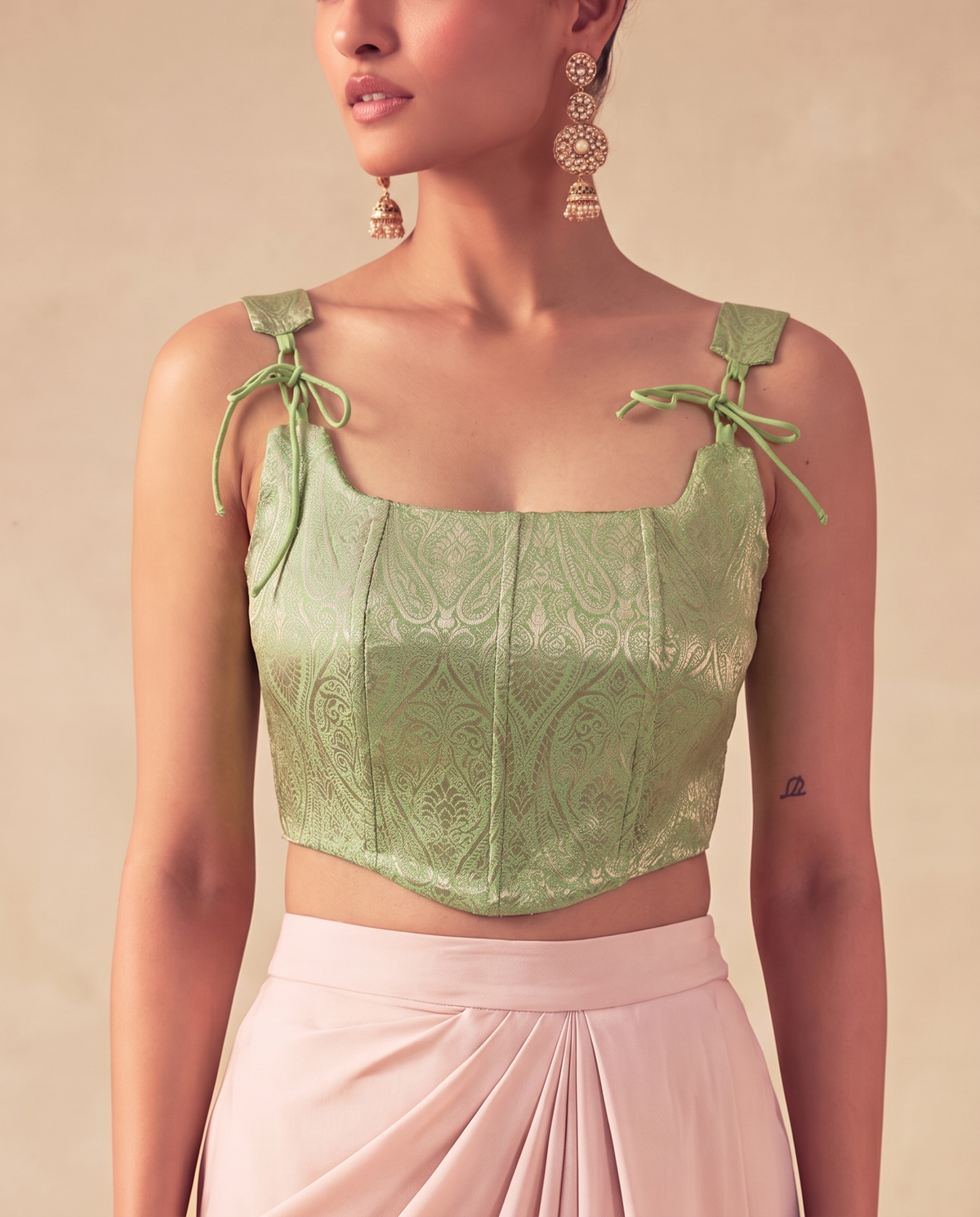 Set of 2 Mint Green Brocade Corset Top& satin silk draped skirt set
