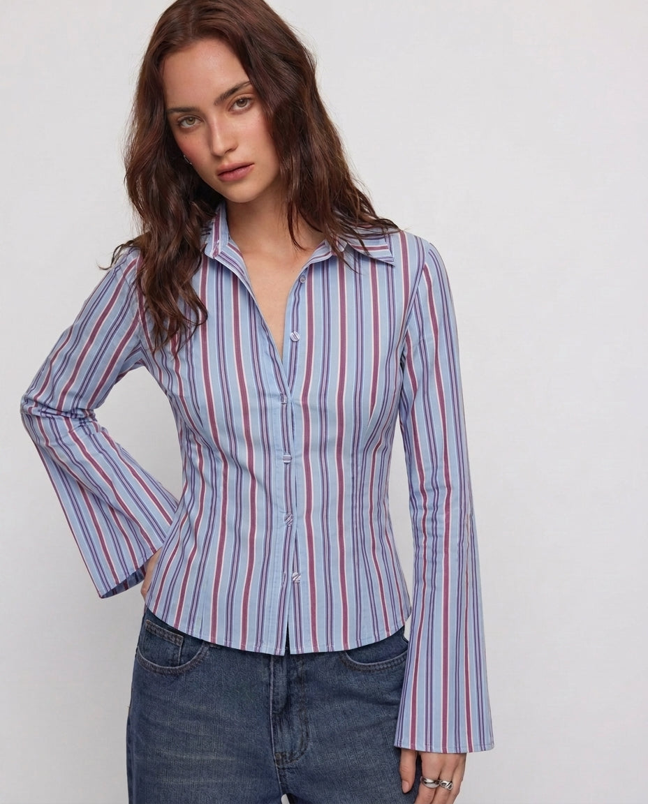 Striped Flared Sleeve Fitted Sleeve Shirt