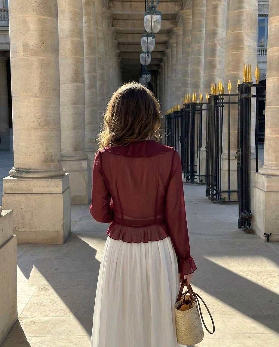 Ruffled Tie Front Flared Sleeve Top - Burgundy