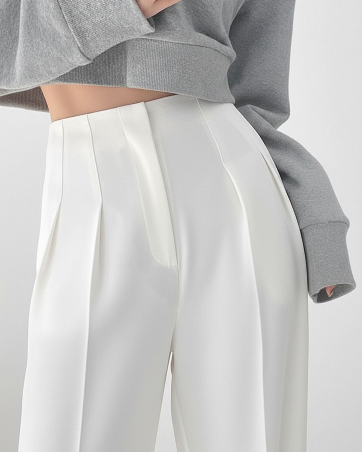 bottomwear,trousers,semi-formal,workwear,stretchable,polyester, spandex,white,pleated,relaxed fit,wide leg,full length,high rise, OY963- white, 25090076GG 