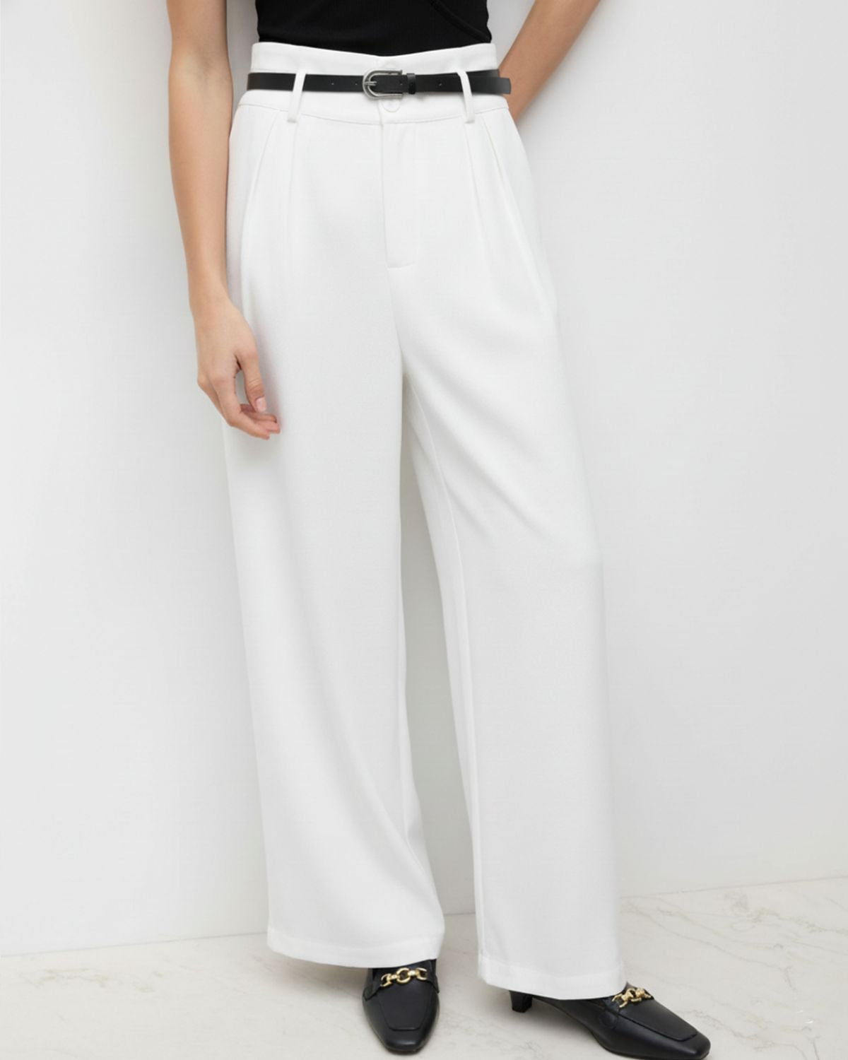 bottomwear,pants,semi-formal,business outfit,stretchable,polyester, spandex,white,pleated,tailored fit,wide leg,full length,high rise, 24090003GG, OY959