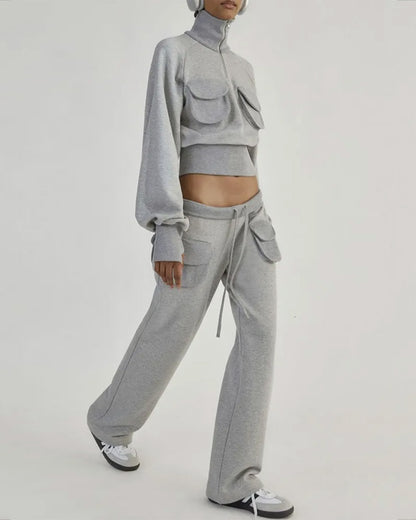 coord sets,bottomwear, topwear,casual, casual chic, vacation,athleisure, minimal, streetwear, winter,knitted, woven,fleece,light grey,solid,utility pocket,zipper,regular fit top,zip up jacket,waist length top,straight hem,high neck,no straps,set in sleeve,long sleeves,zipper,trousers,straight fit trousers,full length,straight hem,mid rise waist,2 pockets, OY2194, 25090053GG