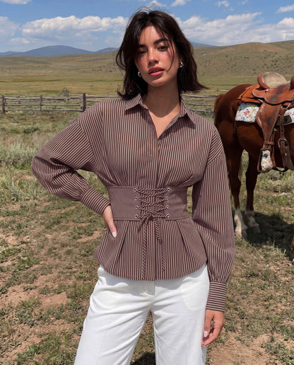 Corset Waist Laceup Shirt - Chocolate Brown