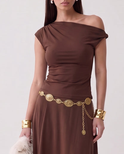 Brown Fitted Knot Shoulder Top & Skirt Set