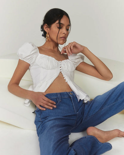 topwear,tops,outdoor events,glam, minimal, summer,woven,cotton,white,solid,ruched,skinny fit,peplum,waist length,flared hem,sweetheart neck,puff sleeves,short sleeves, OY1902-white,  25060014GG