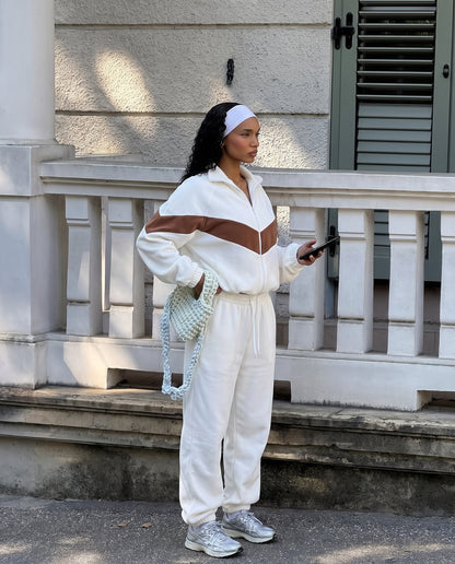 White Color Block Fleece Sweat Set