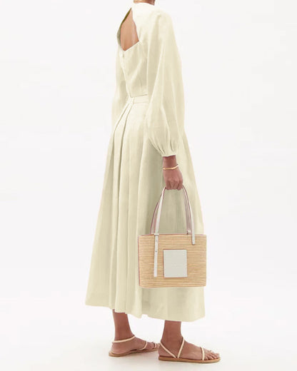 coord sets,skirt, topwear,vacation, outdoor events,minimal, sophisticated, summer, urban fit,woven,cotton slub,cream,solid,cutout, pleated,regular fit top,fitted top,crop top,straight hem,square neck,balloon sleeves,long sleeves,zipper back,skirts,a-line skirt,midi,mid rise waist,OY1404- cream, 25090081GG