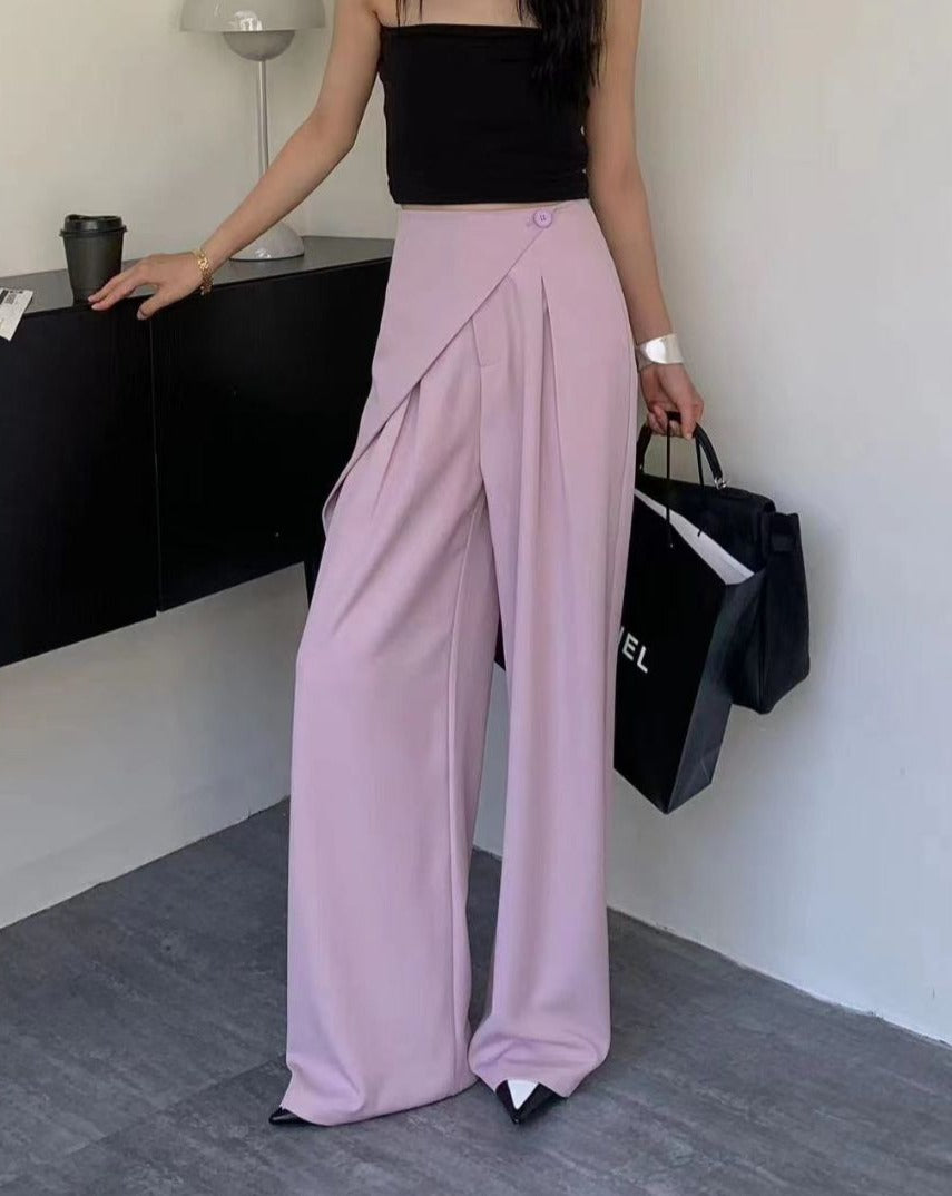 WRAP FRONT WIDE LEG PANTS,bottomwear, full length, high rise, pants, pink, pleated, polyester, relaxed fit, semi-formal, streetwear, summer, wide leg, woven,wrap_front_wide_leg_pants_pink,Color- PinkFabric- Polyester Type- Wide LegFit- Relaxed Fit Length- Full Length(41in)Waist- High RiseClosure- Zip &amp; ButtonPrint- SolidDetail- Pleated &amp; Wrap Front