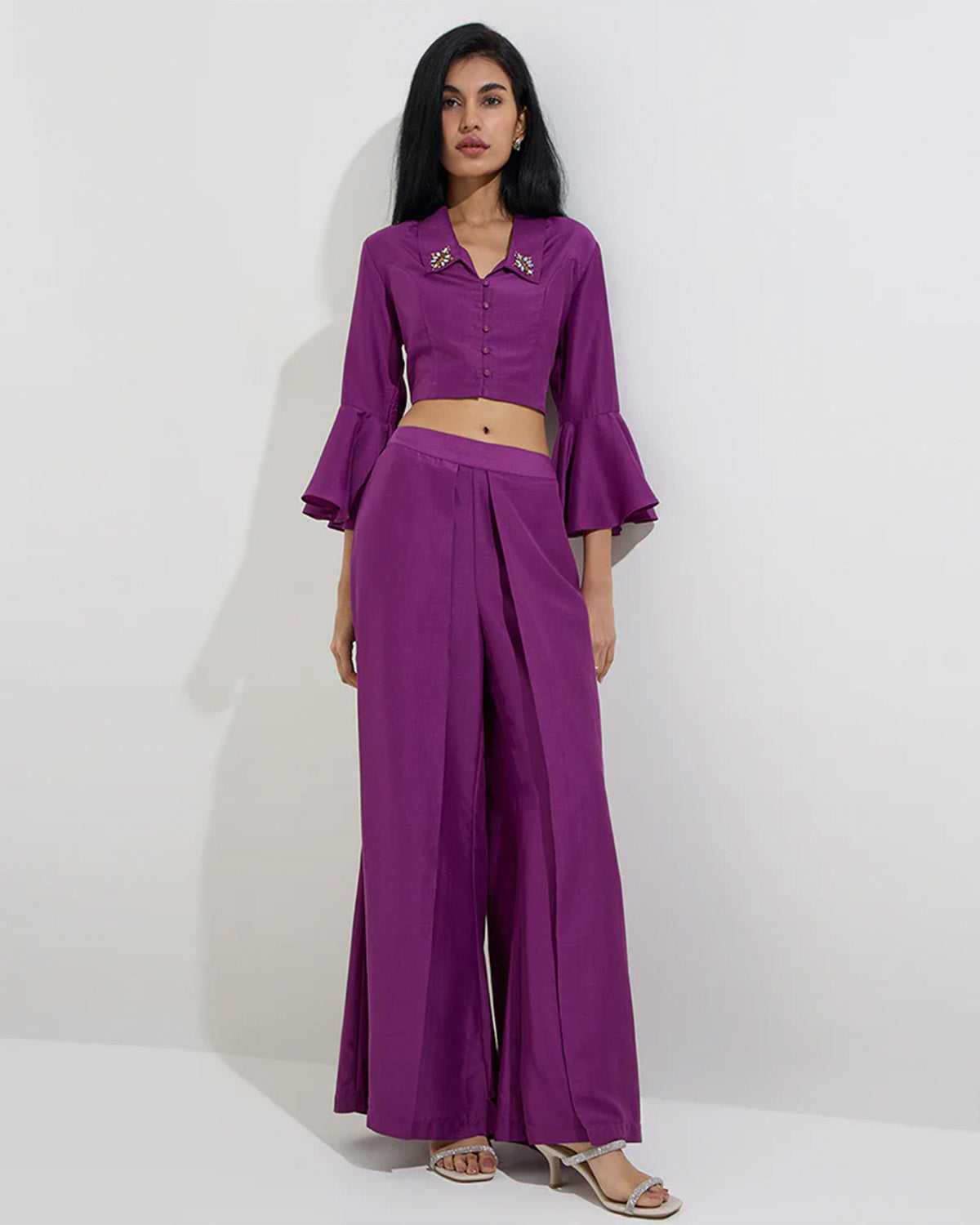 Plum Embroidered Top And Flared Pants Co-ord Set