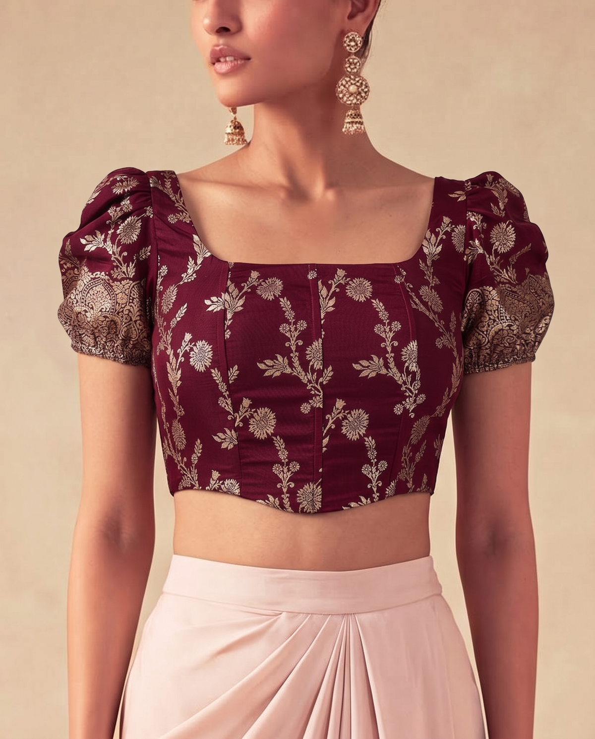 Set of 2 Maroon Floral  Banarsi Brocade  Corset Top & satin silk draped skirt set
