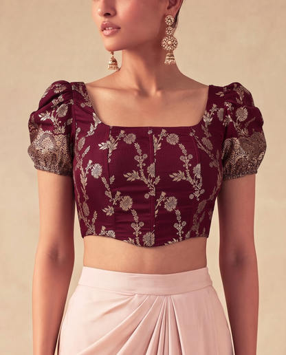 Set of 2 Maroon Floral  Banarsi Brocade  Corset Top & satin silk draped skirt set