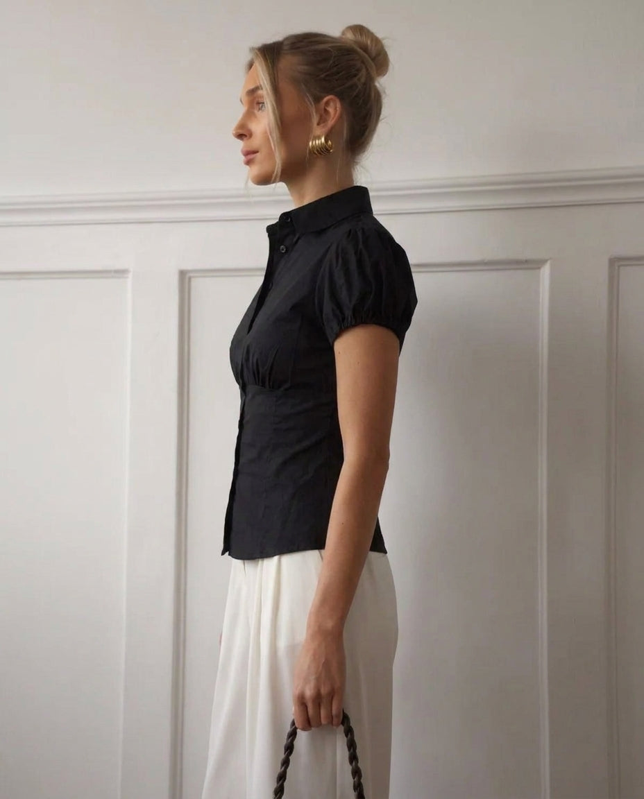 Black Puff Sleeve Cinched Shirt