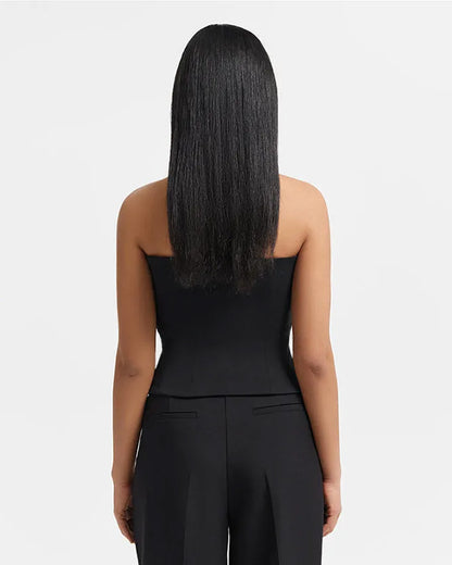 topwear,tops,formal, semi-formal, outdoor events,bold, glam, summer,woven,cotton twill,black,solid,pleated,slim fit,bandeau,waist length,asymmetric hem,off shoulder,sleeveless	25010061GG, OY1704