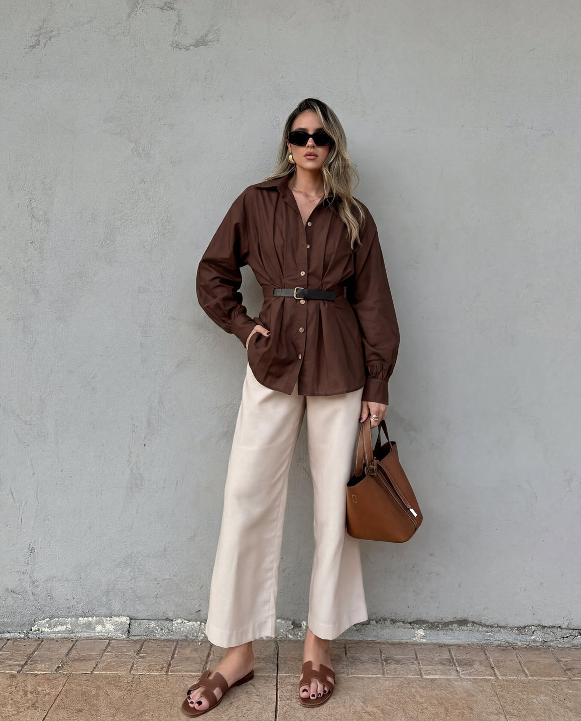 Chocolate Brown Button Down Belted Shirt