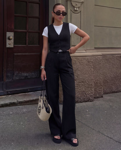 Black Pinstripe V Neck Vest and Pant Set