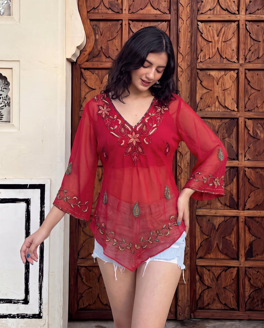 Embellished flared sleeve bohemian Kurti- Red