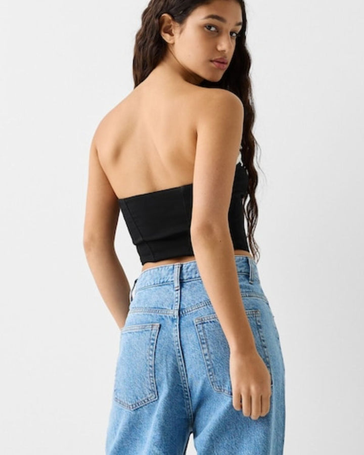 gathered-bandeau-top,RUFFLED BANDEAU TOP,topwear,tops,casual,streetwear,knitted,ribbed,black,solid,gathered,slim fit,bandeau,crop,off shoulder,