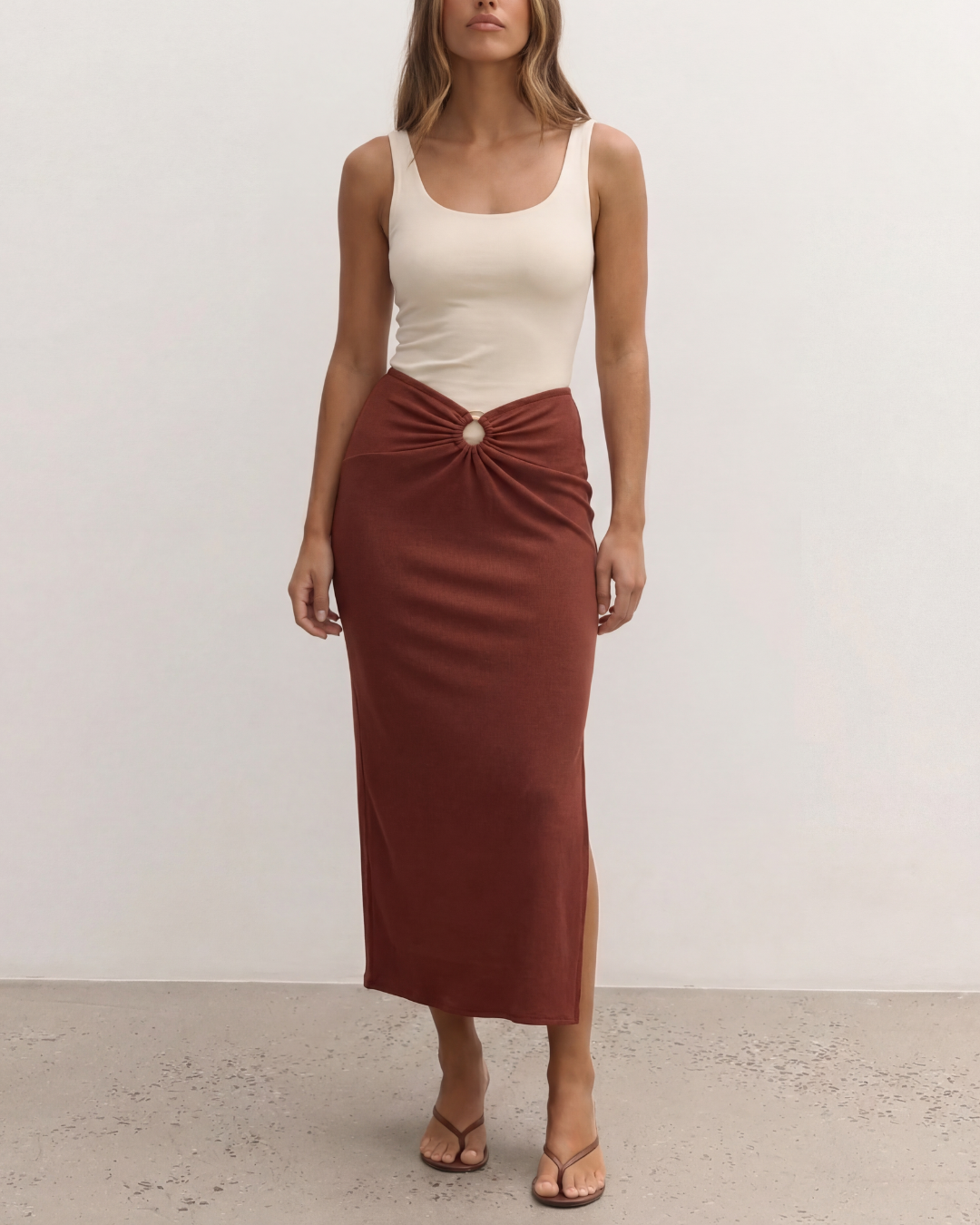 Ribbed Slit Ring Detail Slit Skirt