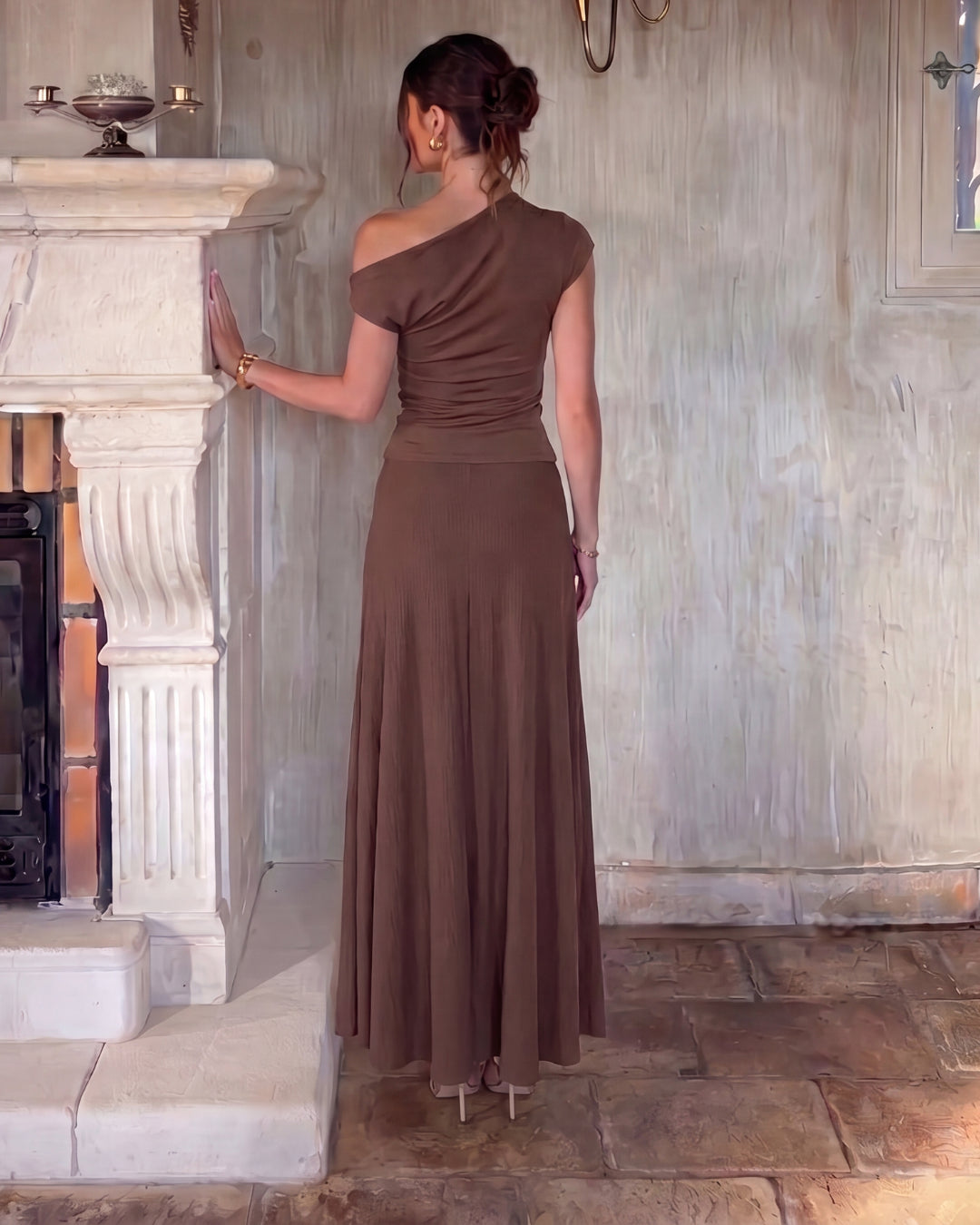 Brown Fitted Knot Shoulder Top & Skirt Set