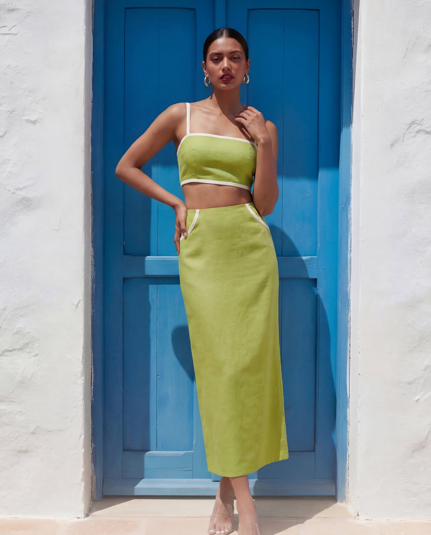 Sleek Green Cotton Top And Skirt Set