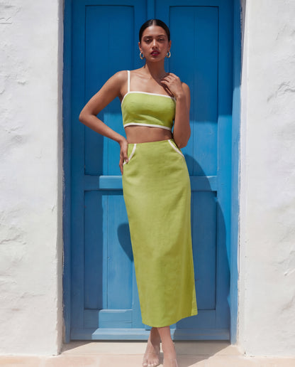 Sleek Green Cotton Top And Skirt Set